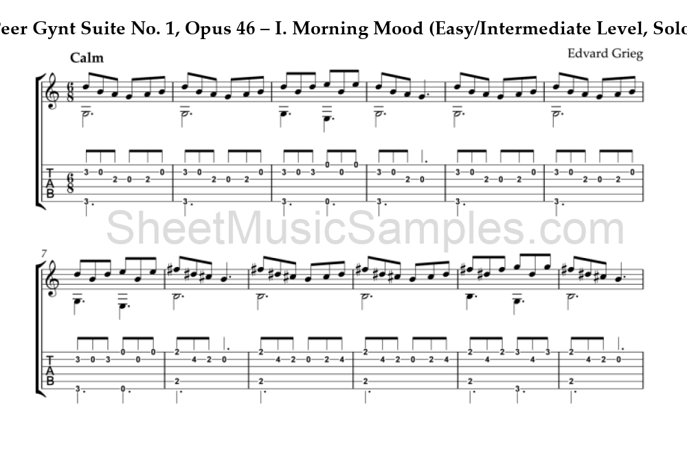 Peer Gynt Suite No. 1, Opus 46 – I. Morning Mood (Easy/Intermediate Level, Solo Guitar)