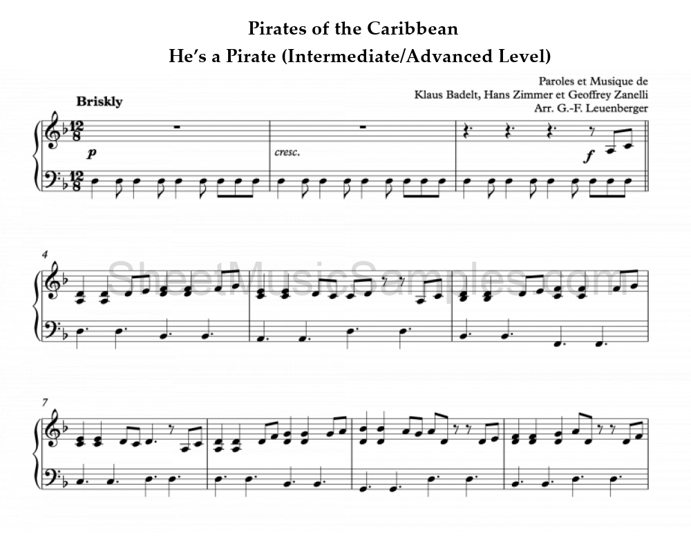 Pirates of the Caribbean - He’s a Pirate (Intermediate/Advanced Level)