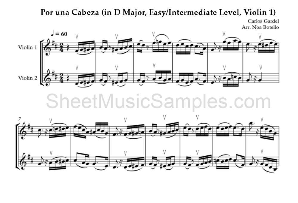 Por una Cabeza (in D Major, Easy/Intermediate Level, Violin 1)