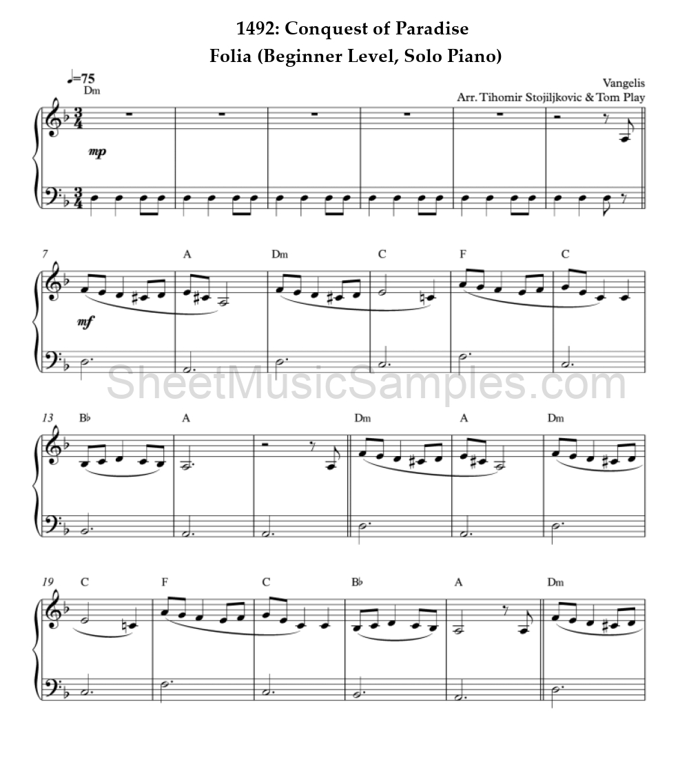 1492: Conquest of Paradise - Folia (Beginner Level, Solo Piano)