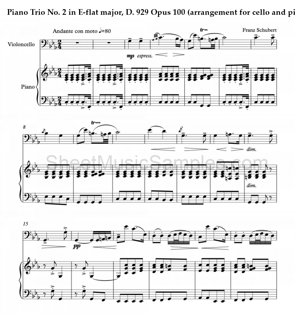 Piano Trio No. 2 in E-flat major, D. 929 Opus 100 (arrangement for cello and piano)