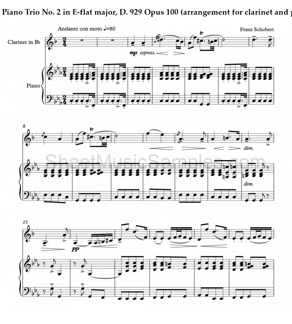 Piano Trio No. 2 in E-flat major, D. 929 Opus 100 (arrangement for clarinet and piano)