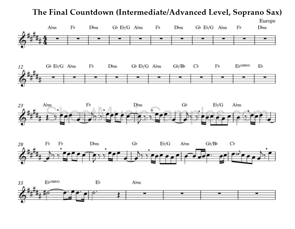 The Final Countdown (Intermediate/Advanced Level, Soprano Sax)