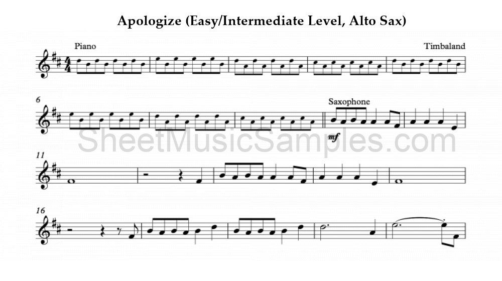 Apologize (Easy/Intermediate Level, Alto Sax)