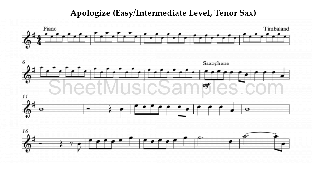 Apologize (Easy/Intermediate Level, Tenor Sax)