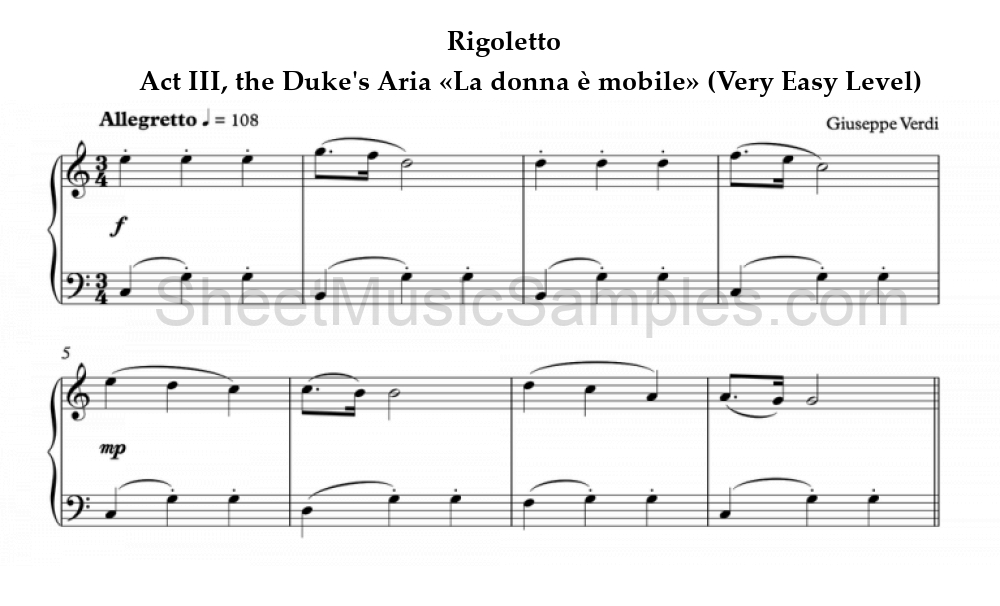 Rigoletto - Act III, the Duke's Aria «La donna è mobile» (Very Easy Level)