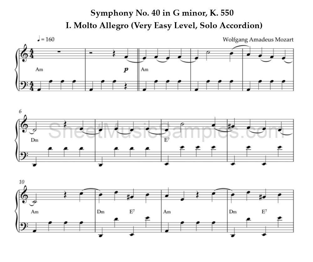 Symphony No. 40 in G minor, K. 550 - I. Molto Allegro (Very Easy Level, Solo Accordion)