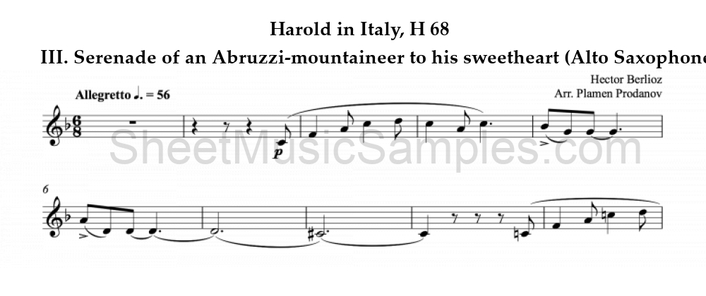 Harold in Italy, H 68 - III. Serenade of an Abruzzi-mountaineer to his sweetheart (Alto Saxophone)