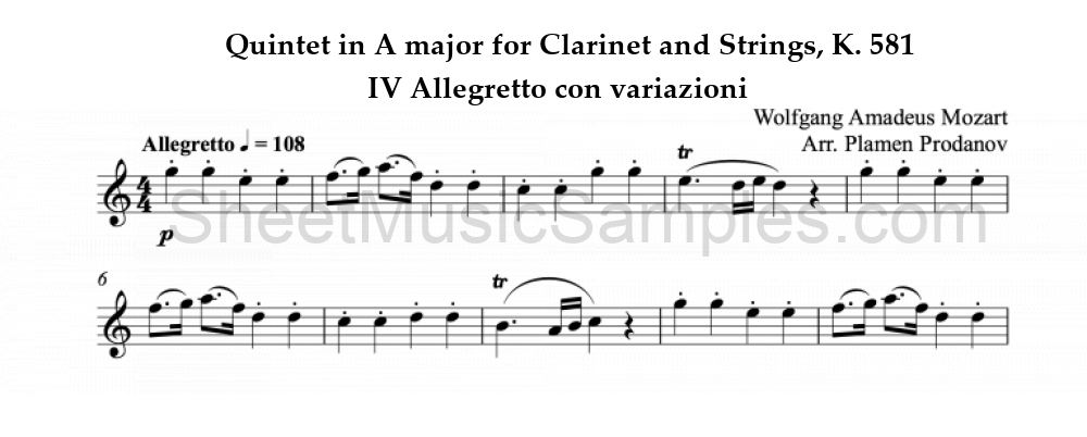 Quintet in A major for Clarinet and Strings, K. 581 - IV Allegretto con variazioni