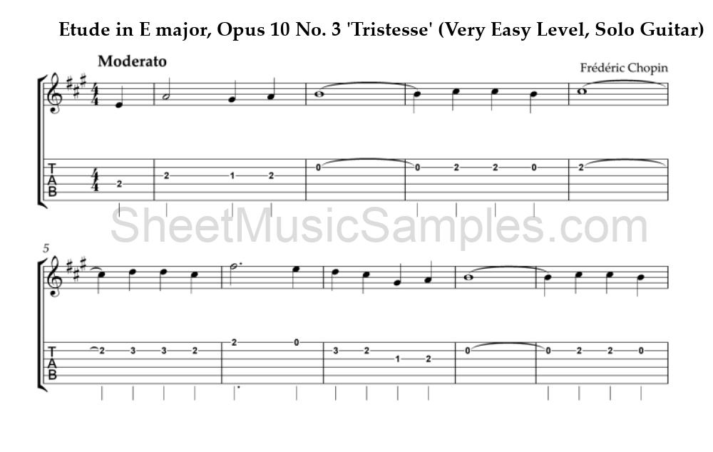 Etude in E major, Opus 10 No. 3 'Tristesse' (Very Easy Level, Solo Guitar)