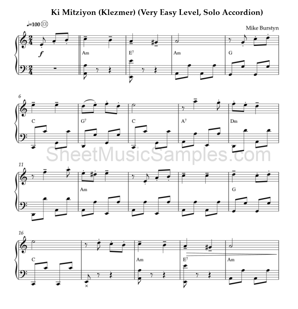 Ki Mitziyon (Klezmer) (Very Easy Level, Solo Accordion)