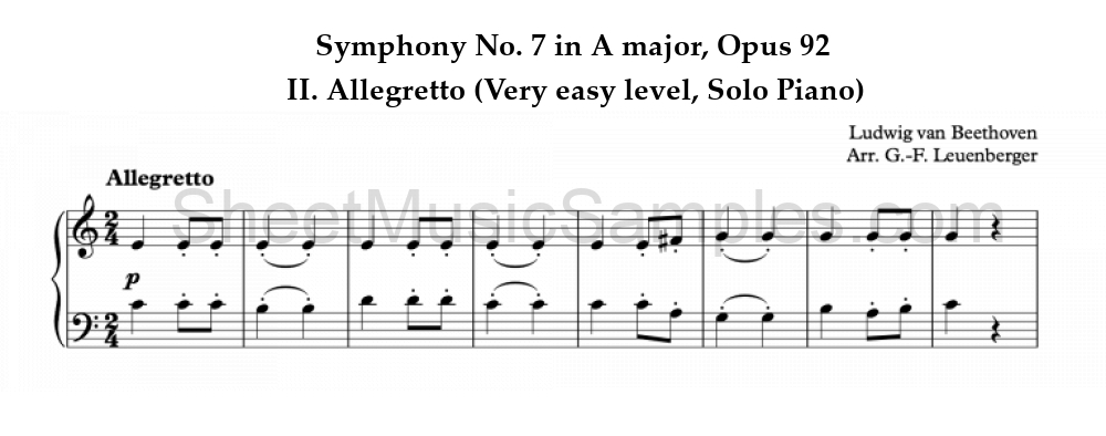 Symphony No. 7 in A major, Opus 92 - II. Allegretto (Very easy level, Solo Piano)