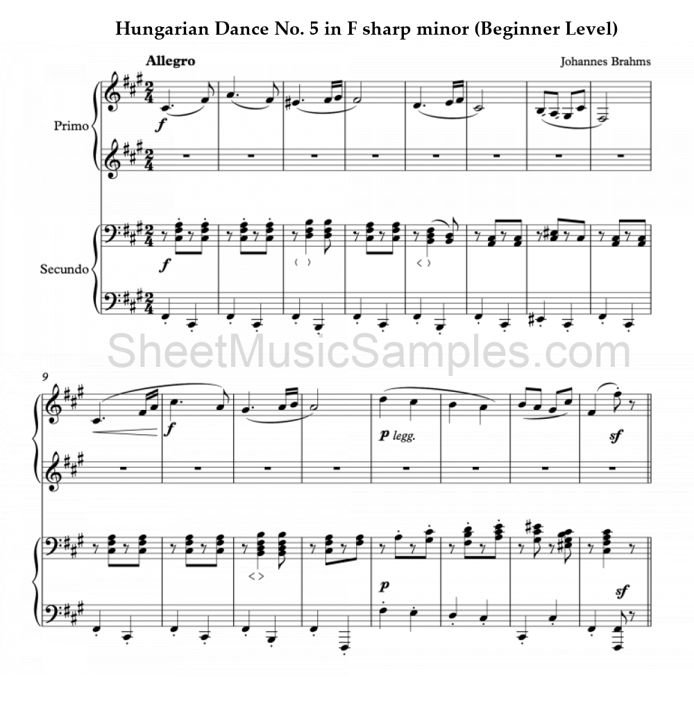 Hungarian Dance No. 5 in F sharp minor (Beginner Level)