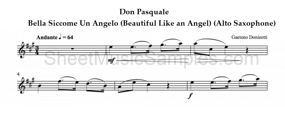 Don Pasquale - Bella Siccome Un Angelo (Beautiful Like an Angel) (Alto Saxophone)