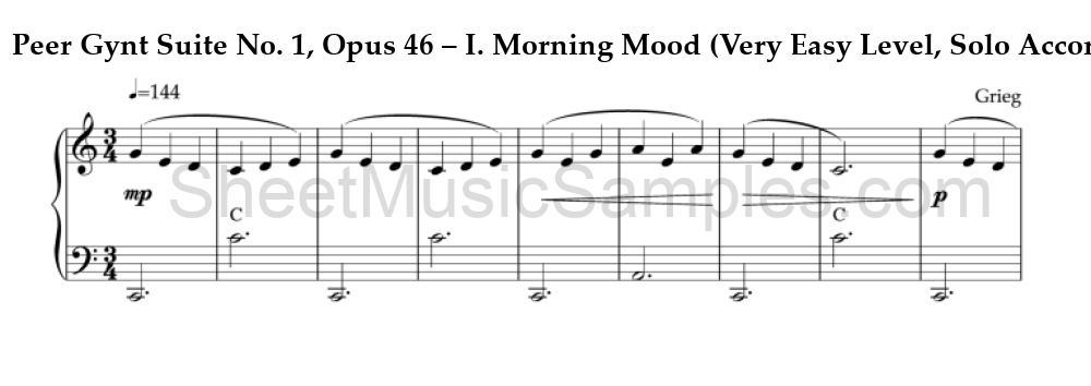 Peer Gynt Suite No. 1, Opus 46 – I. Morning Mood (Very Easy Level, Solo Accordion)