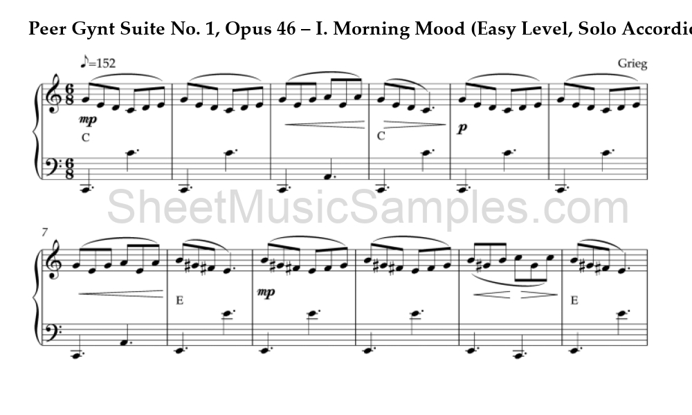 Peer Gynt Suite No. 1, Opus 46 – I. Morning Mood (Easy Level, Solo Accordion)