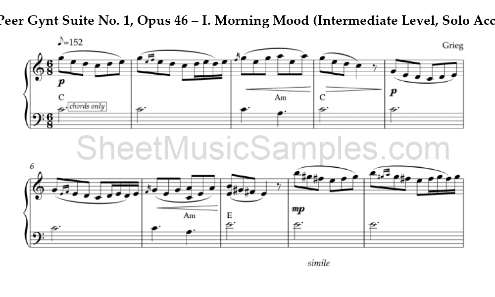 Peer Gynt Suite No. 1, Opus 46 – I. Morning Mood (Intermediate Level, Solo Accordion)