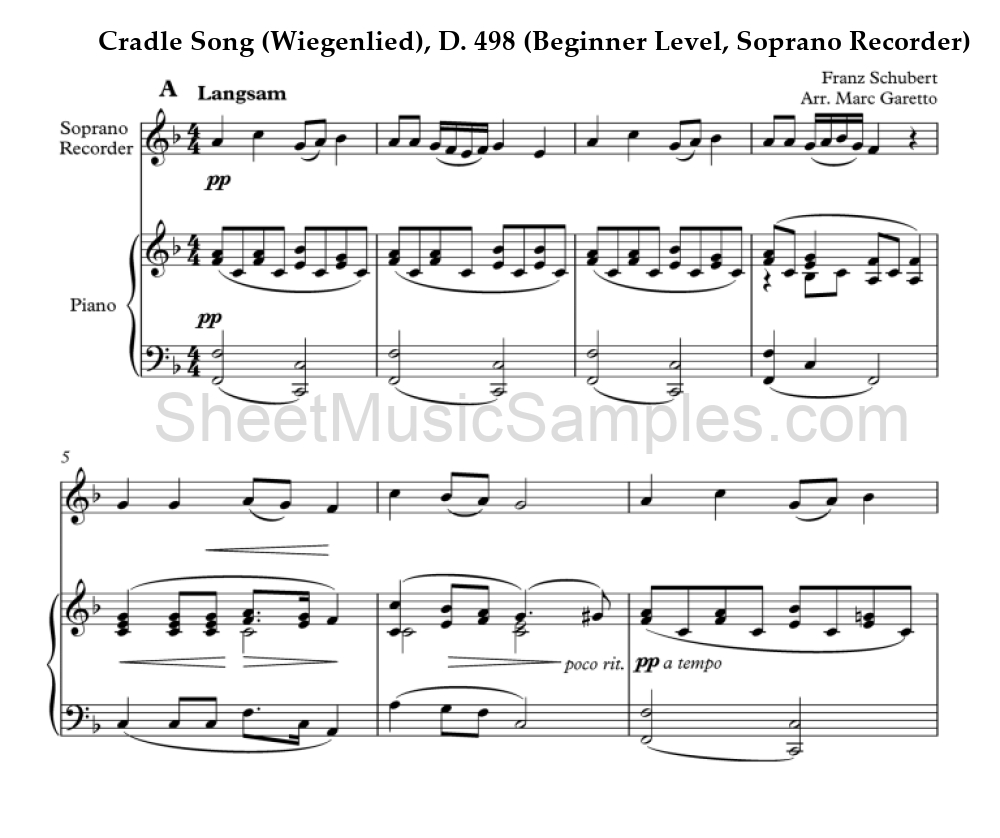 Cradle Song (Wiegenlied), D. 498 (Beginner Level, Soprano Recorder)