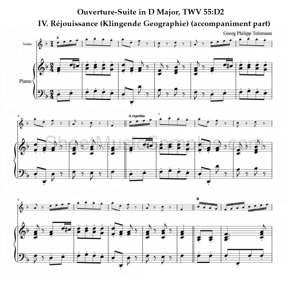 Ouverture-Suite in D Major, TWV 55:D2 - IV. Réjouissance (Klingende Geographie) (accompaniment part)