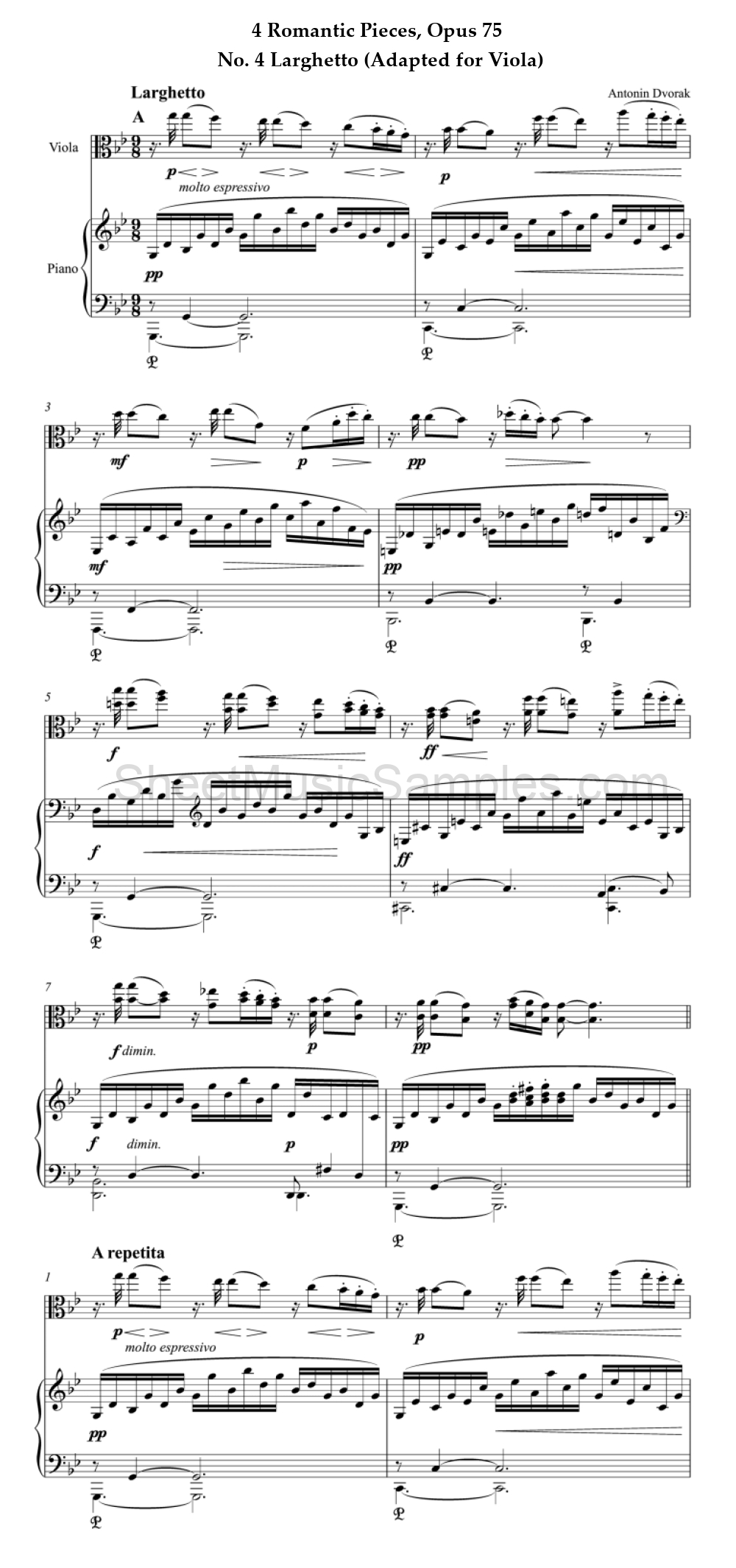 4 Romantic Pieces, Opus 75 - No. 4 Larghetto (Adapted for Viola)