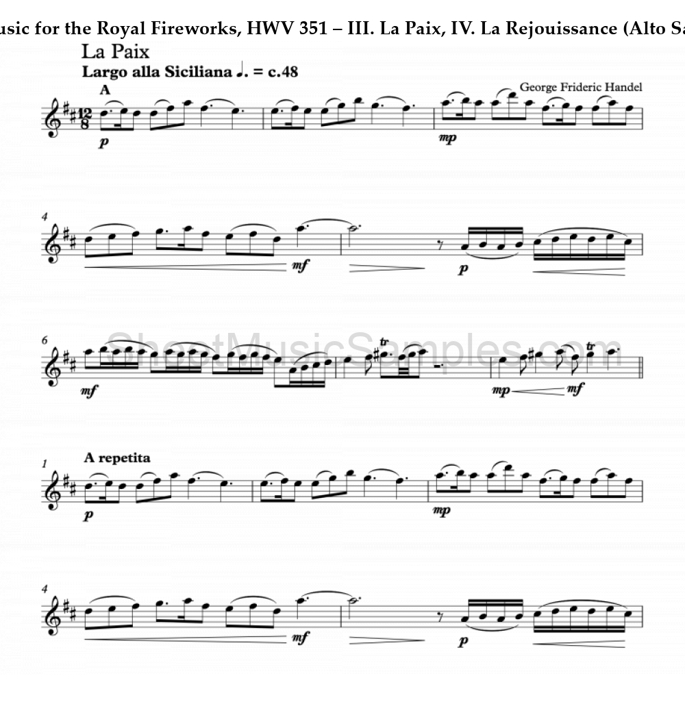 Music for the Royal Fireworks, HWV 351 – III. La Paix, IV. La Rejouissance (Alto Saxophone)