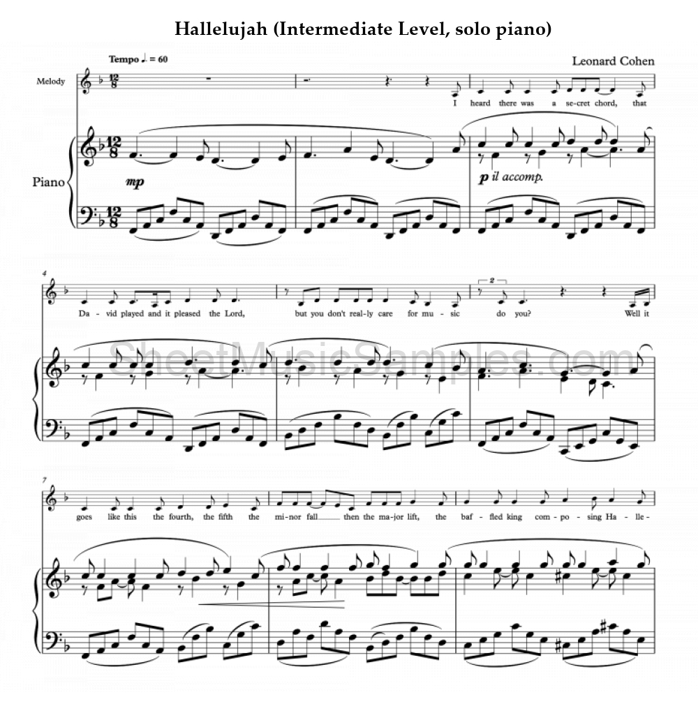 Hallelujah (Intermediate Level, solo piano)