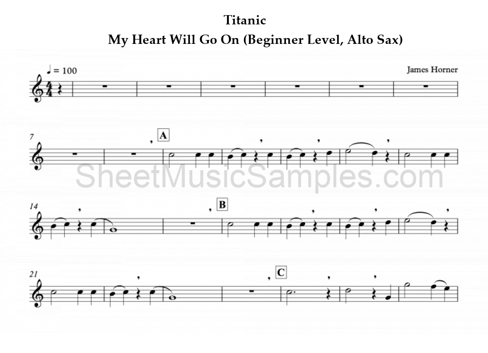 Titanic - My Heart Will Go On (Beginner Level, Alto Sax)