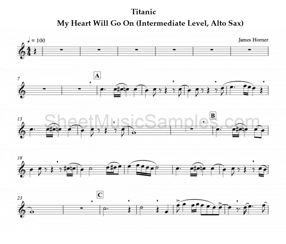 Titanic - My Heart Will Go On (Intermediate Level, Alto Sax)