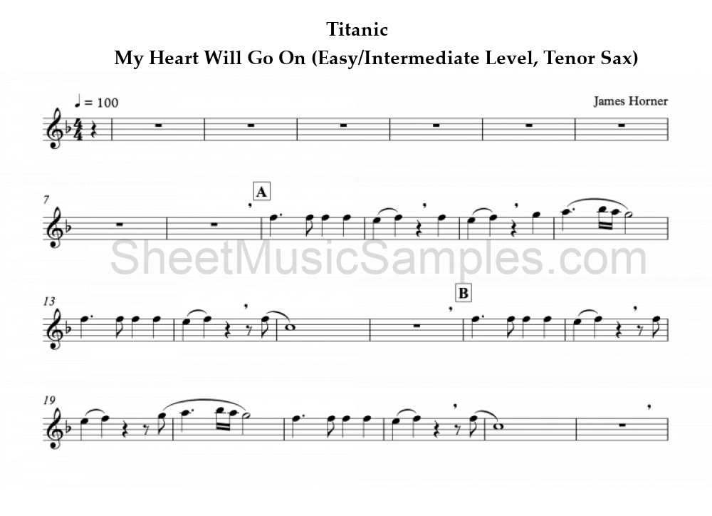 Titanic - My Heart Will Go On (Easy/Intermediate Level, Tenor Sax)