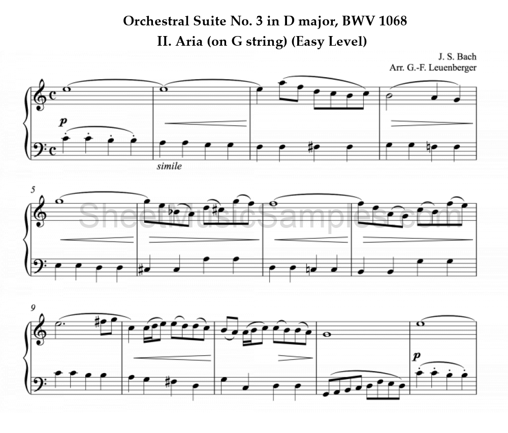 Orchestral Suite No. 3 in D major, BWV 1068 - II. Aria (on G string) (Easy Level)