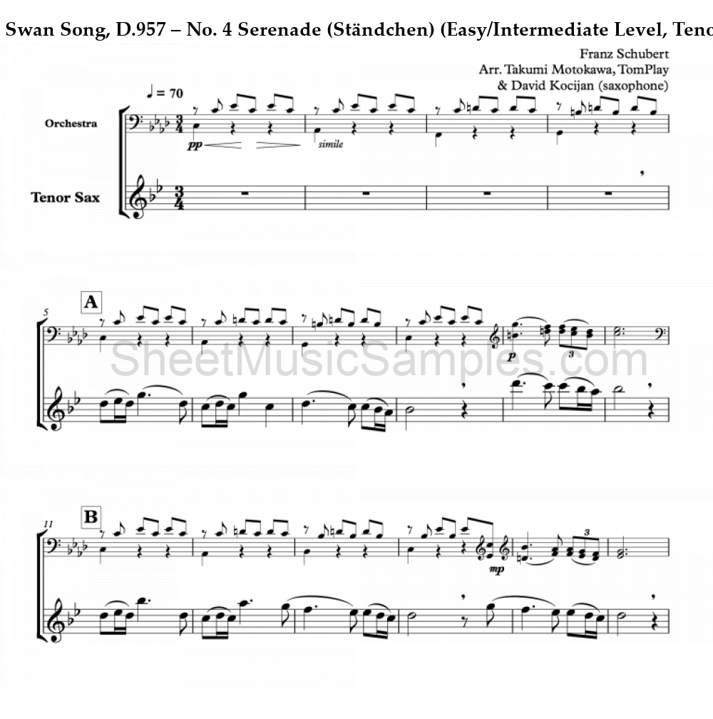 Swan Song, D.957 – No. 4 Serenade (Ständchen) (Easy/Intermediate Level, Tenor Sax)