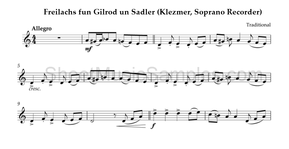 Freilachs fun Gilrod un Sadler (Klezmer, Soprano Recorder)