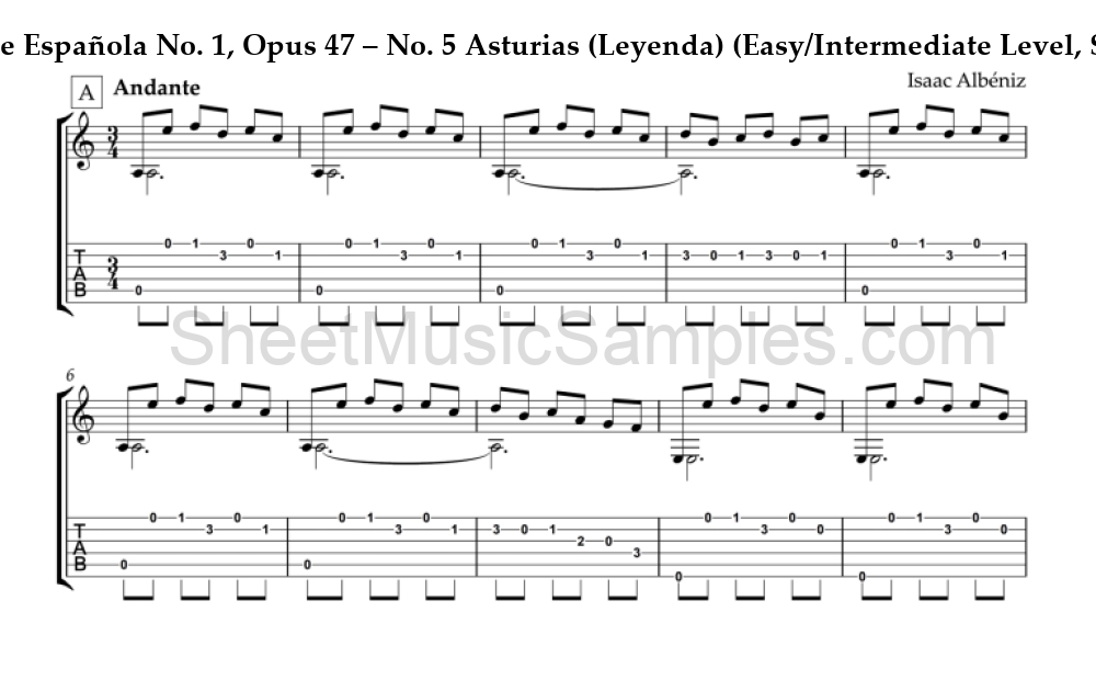 Suite Española No. 1, Opus 47 – No. 5 Asturias (Leyenda) (Easy/Intermediate Level, Solo Guitar)