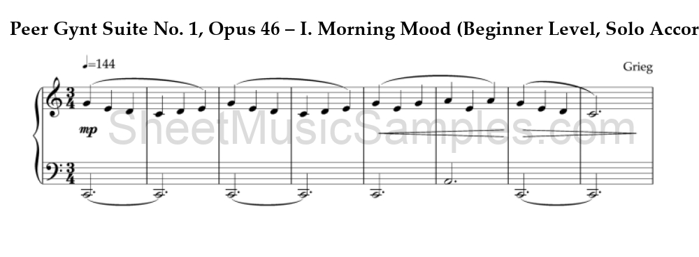 Peer Gynt Suite No. 1, Opus 46 – I. Morning Mood (Beginner Level, Solo Accordion)