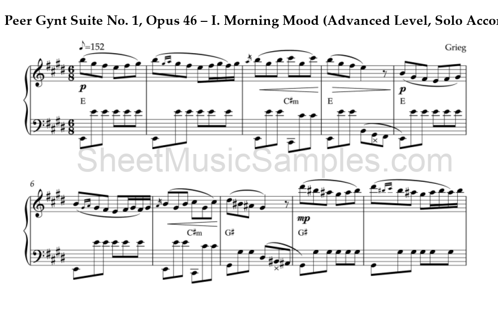 Peer Gynt Suite No. 1, Opus 46 – I. Morning Mood (Advanced Level, Solo Accordion)