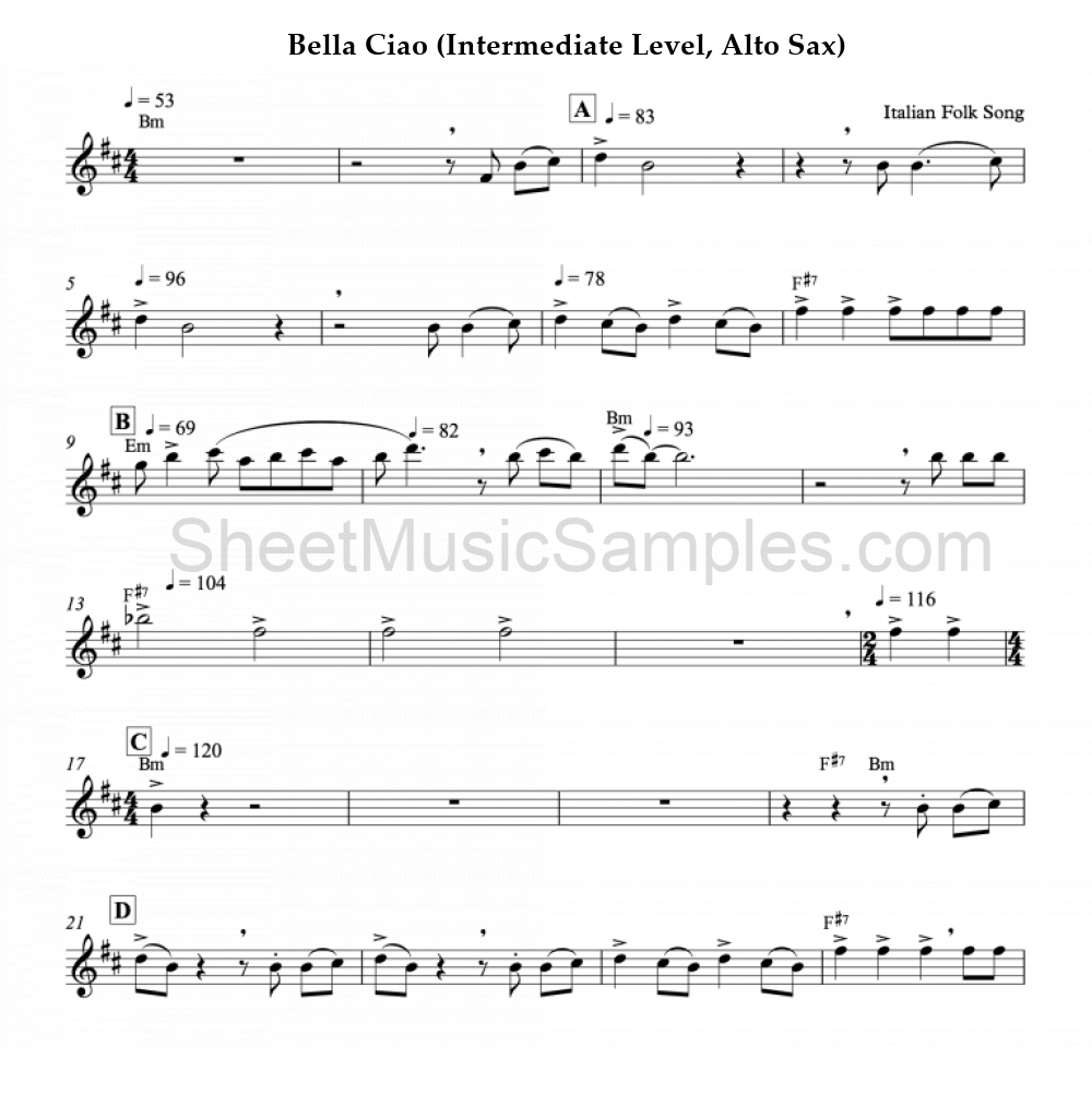 Bella Ciao (Intermediate Level, Alto Sax)