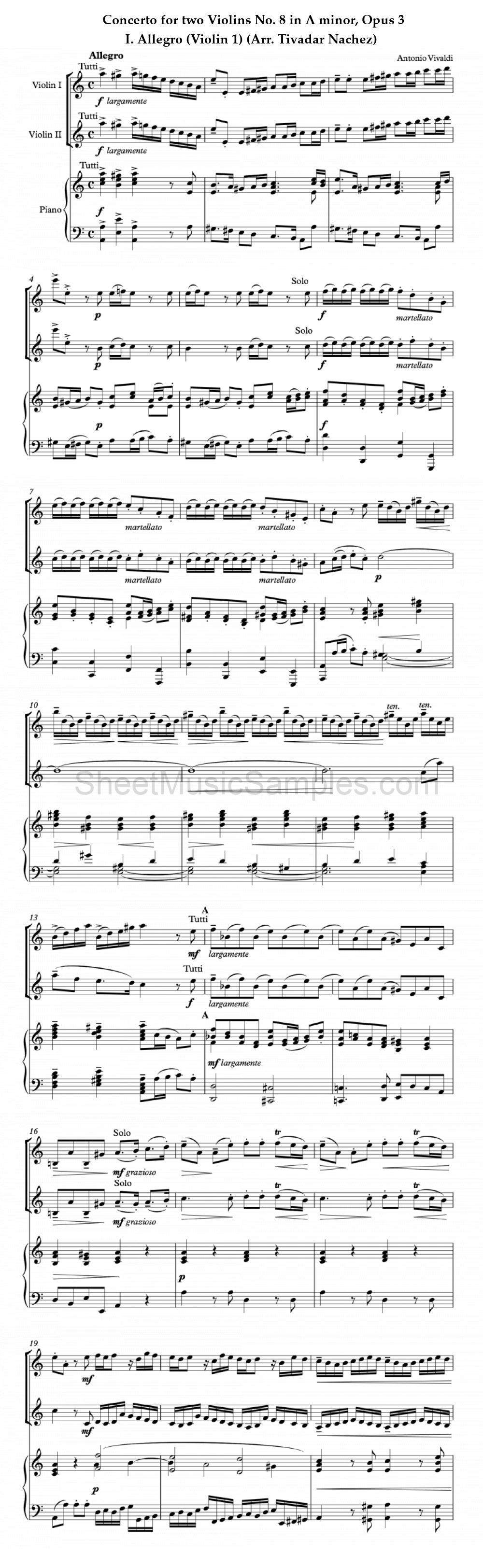 Concerto for two Violins No. 8 in A minor, Opus 3 - I. Allegro (Violin 1) (Arr. Tivadar Nachez)