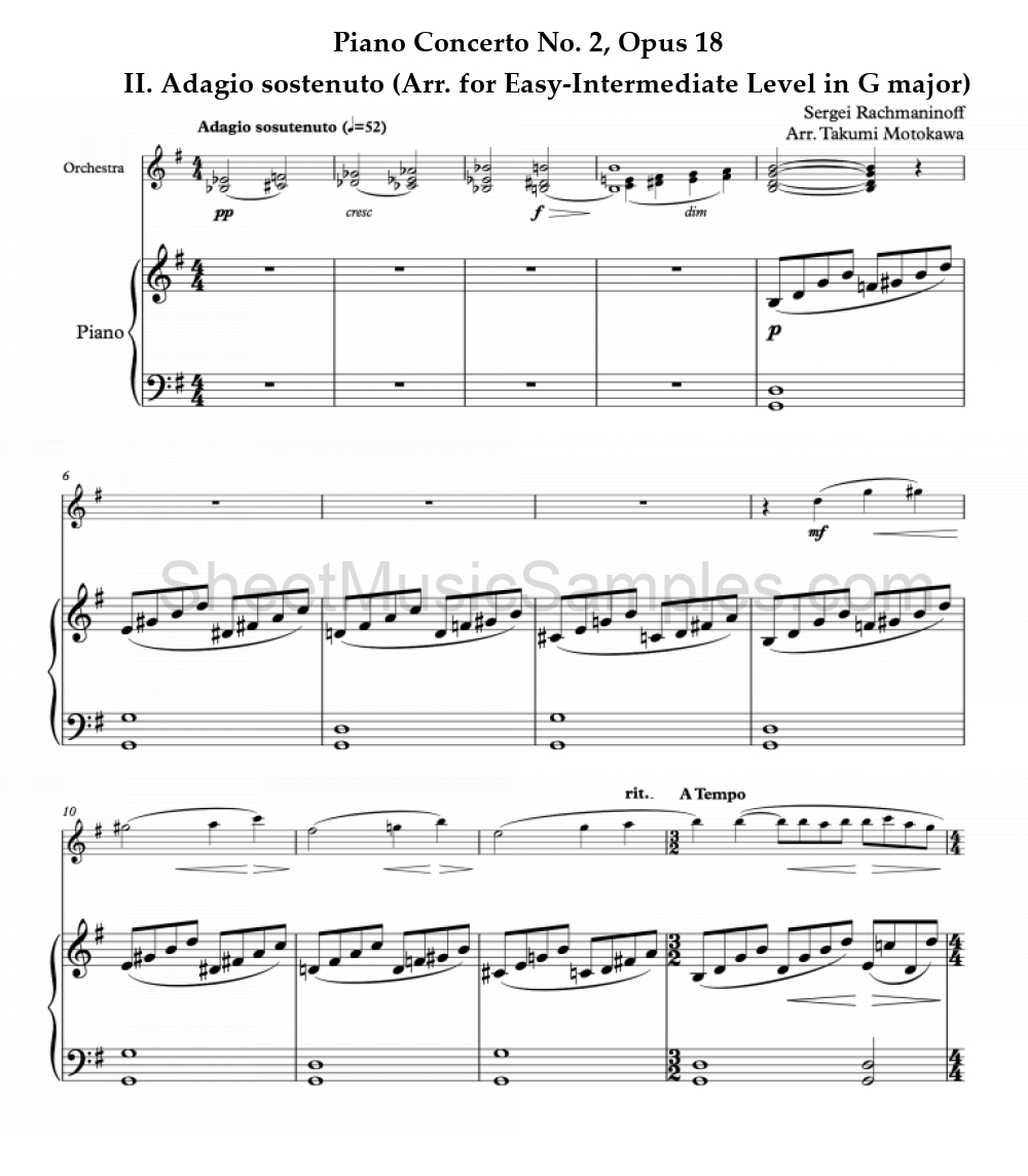 Piano Concerto No. 2, Opus 18 - II. Adagio sostenuto (Arr. for Easy-Intermediate Level in G major)