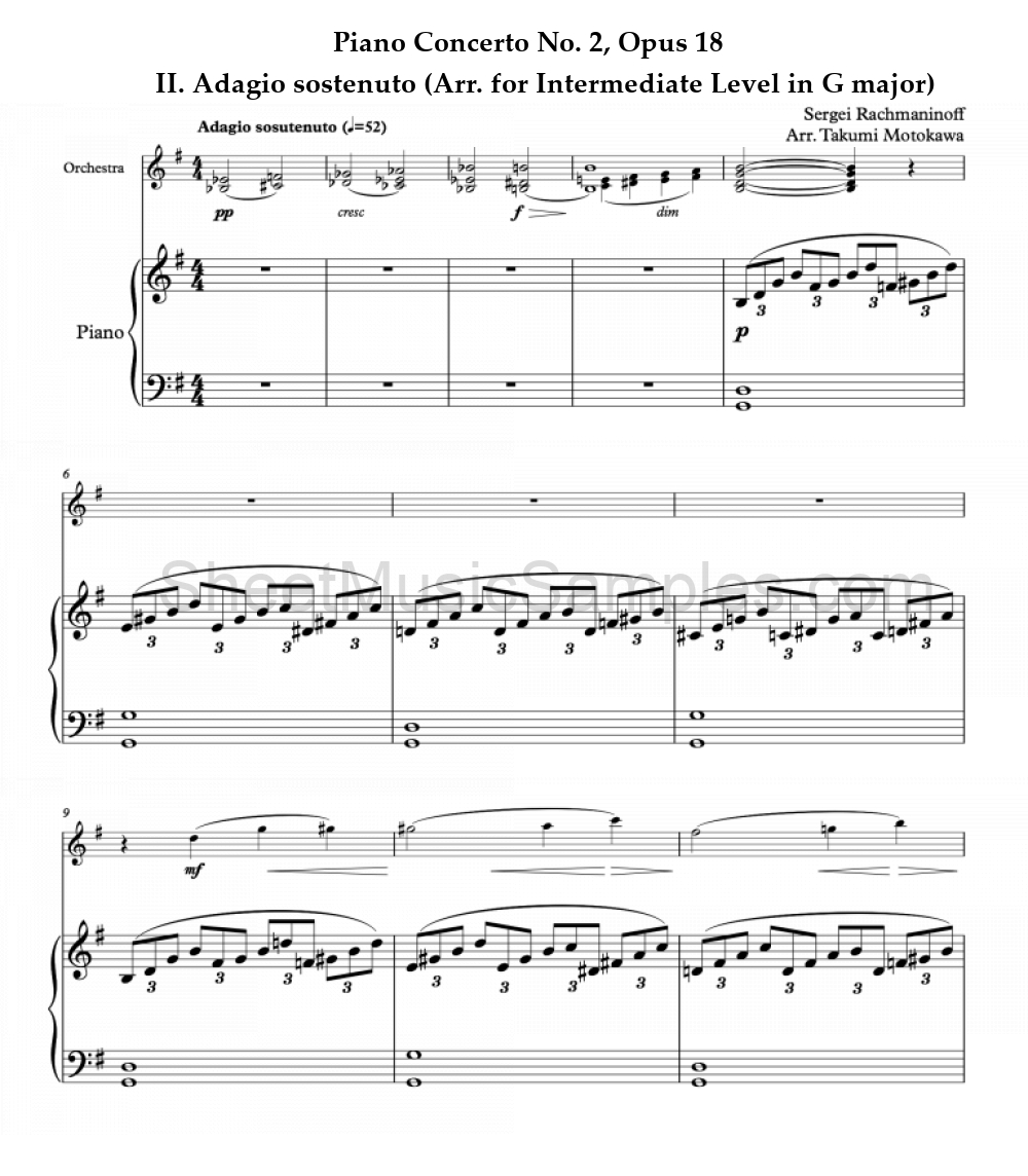 Piano Concerto No. 2, Opus 18 - II. Adagio sostenuto (Arr. for Intermediate Level in G major)