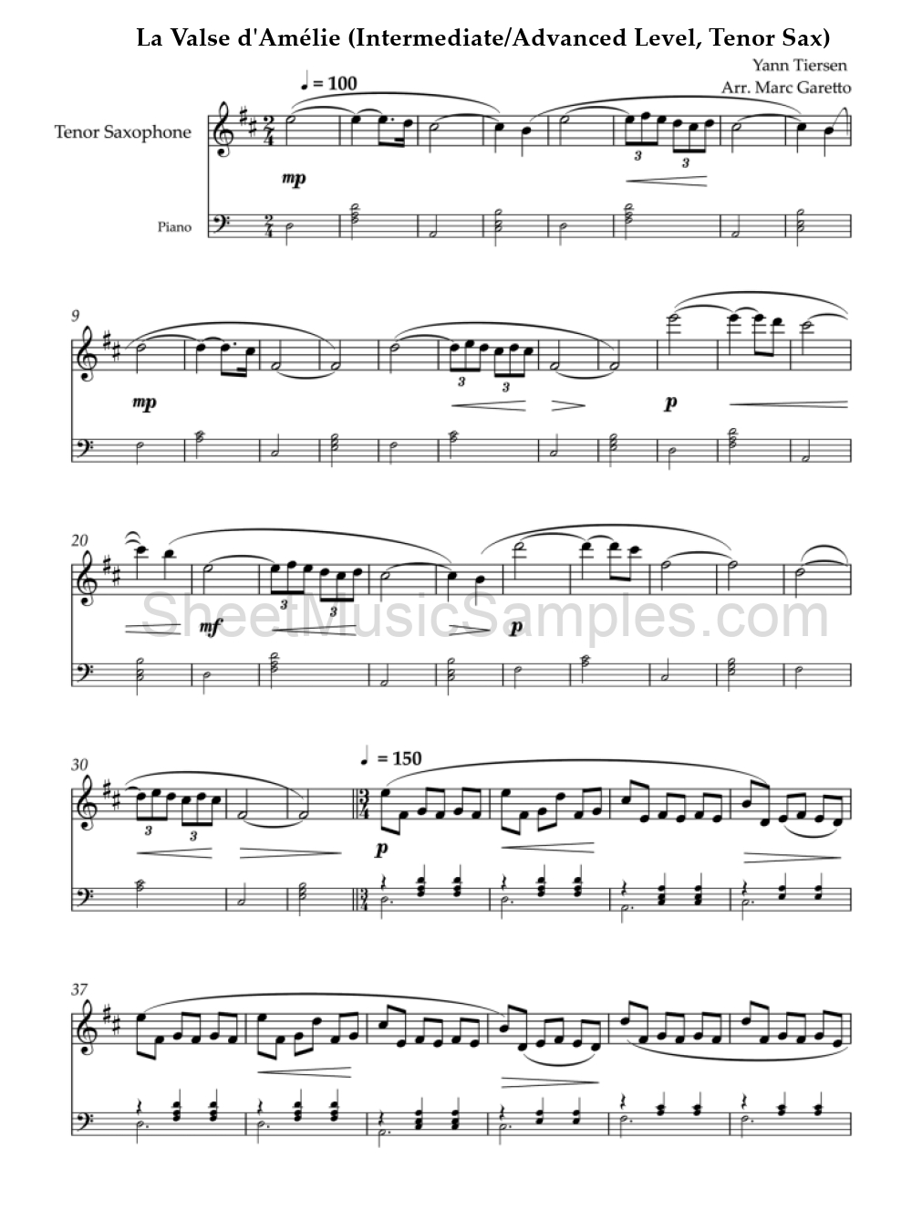 La Valse d'Amélie (Intermediate/Advanced Level, Tenor Sax)