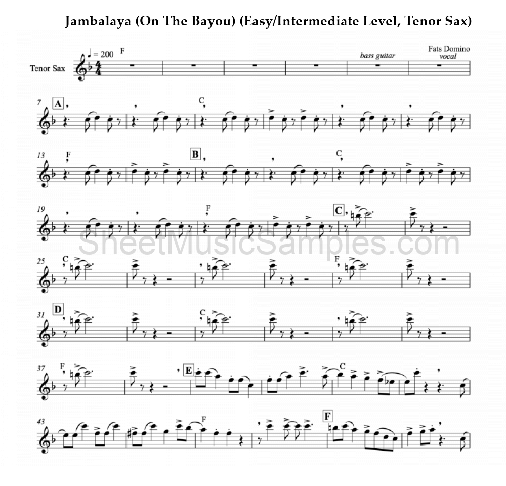 Jambalaya (On The Bayou) (Easy/Intermediate Level, Tenor Sax)