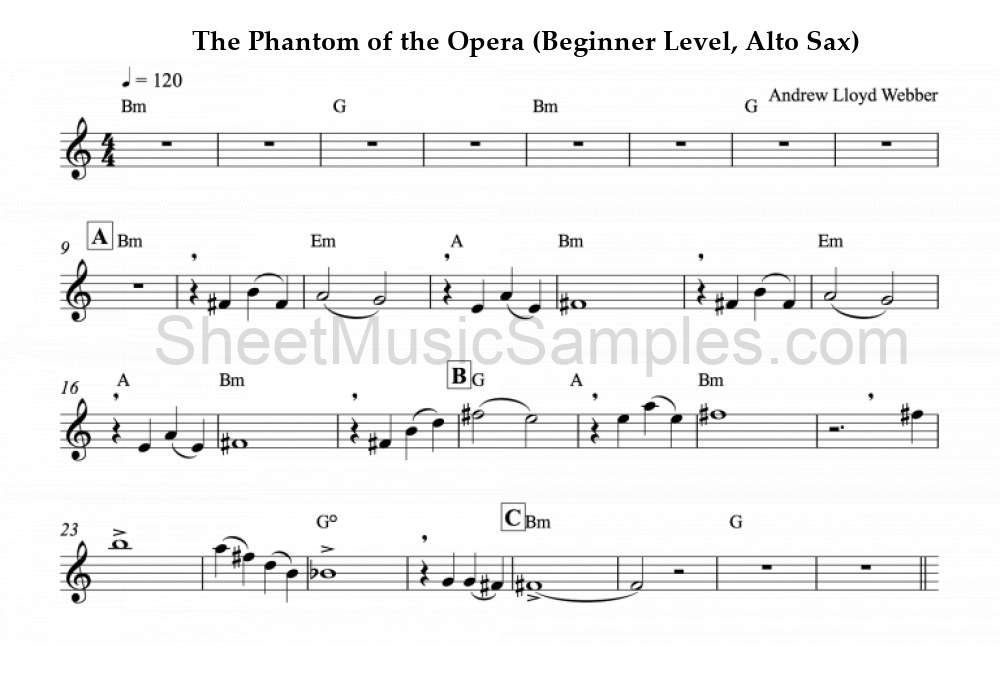 The Phantom of the Opera (Beginner Level, Alto Sax)