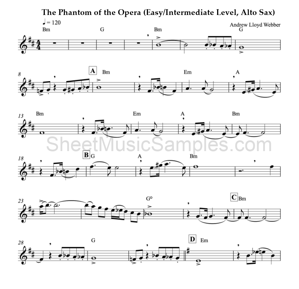 The Phantom of the Opera (Easy/Intermediate Level, Alto Sax)