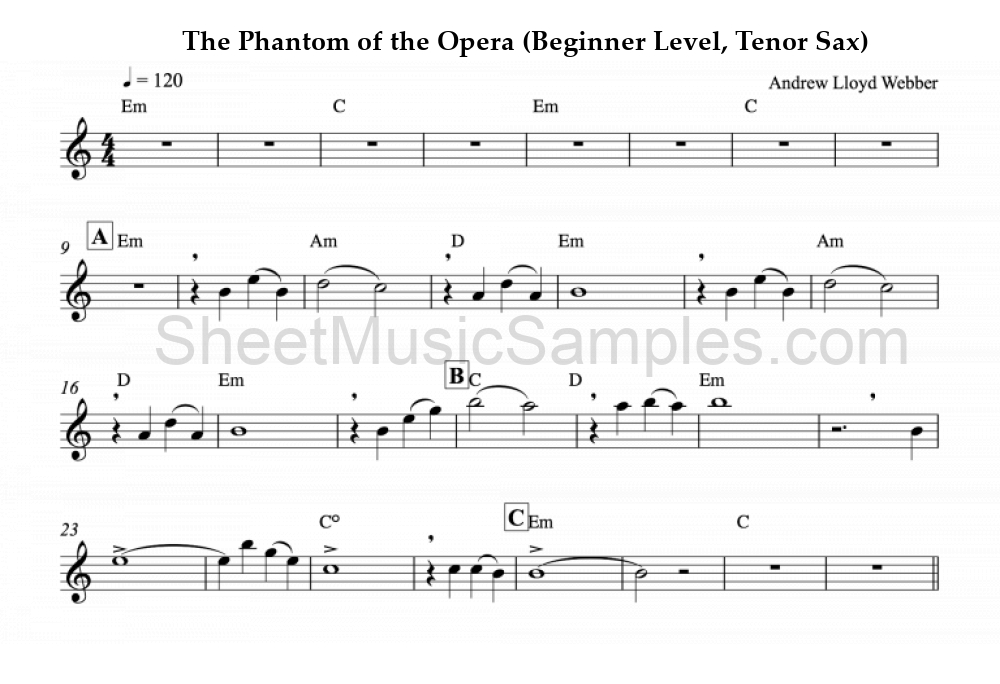 The Phantom of the Opera (Beginner Level, Tenor Sax)