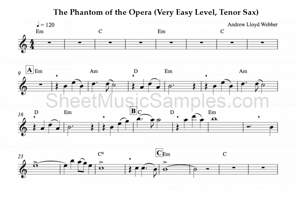 The Phantom of the Opera (Very Easy Level, Tenor Sax)