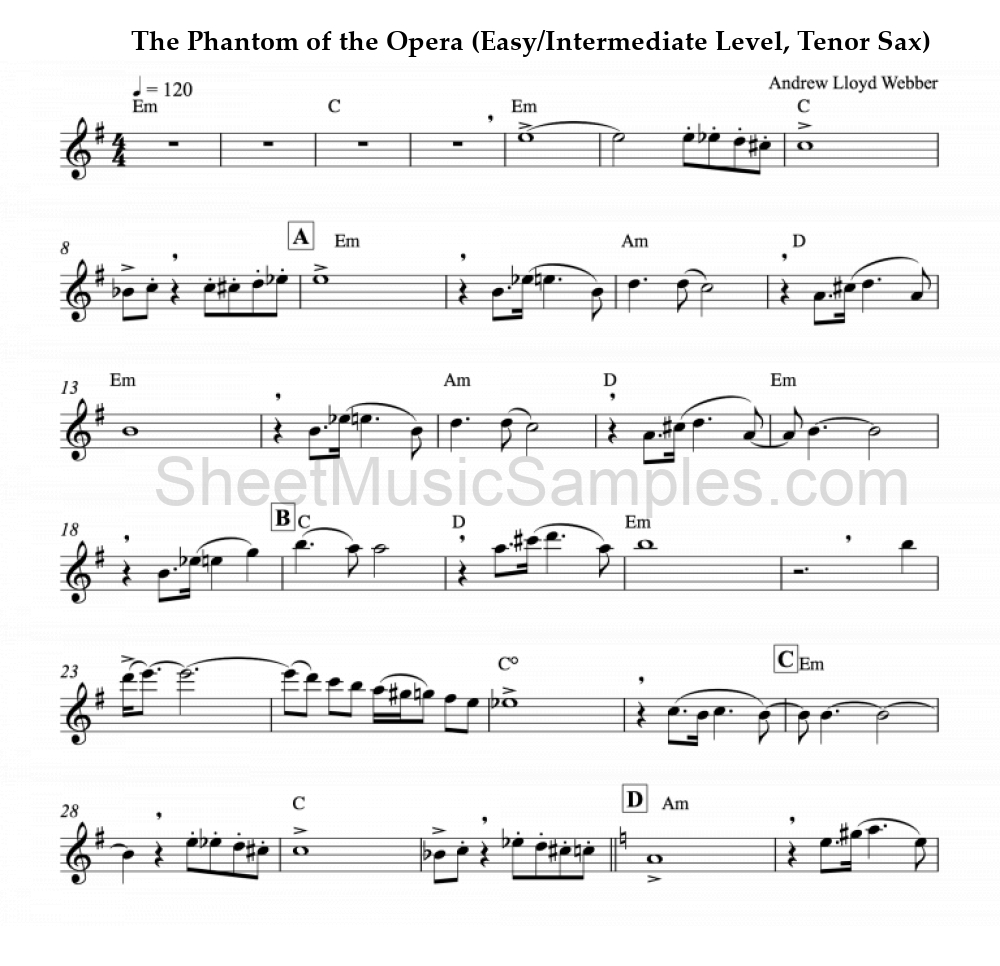 The Phantom of the Opera (Easy/Intermediate Level, Tenor Sax)