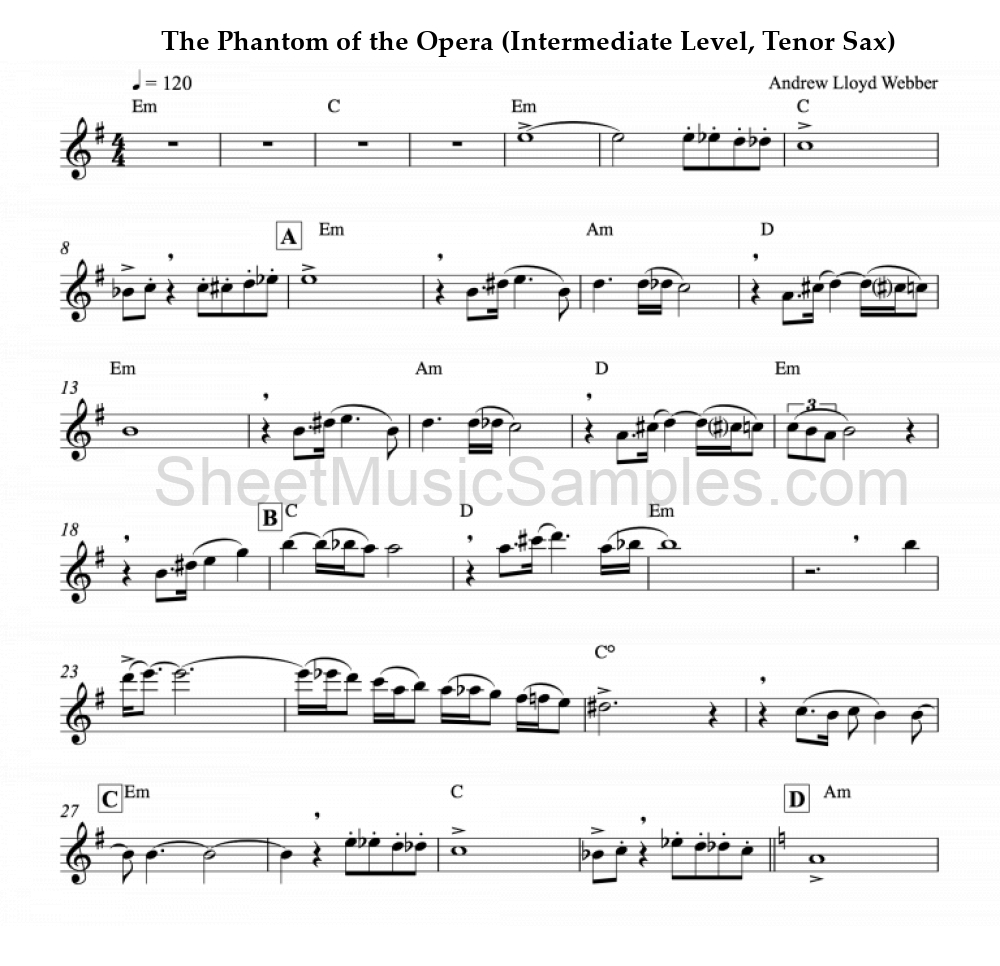 The Phantom of the Opera (Intermediate Level, Tenor Sax)