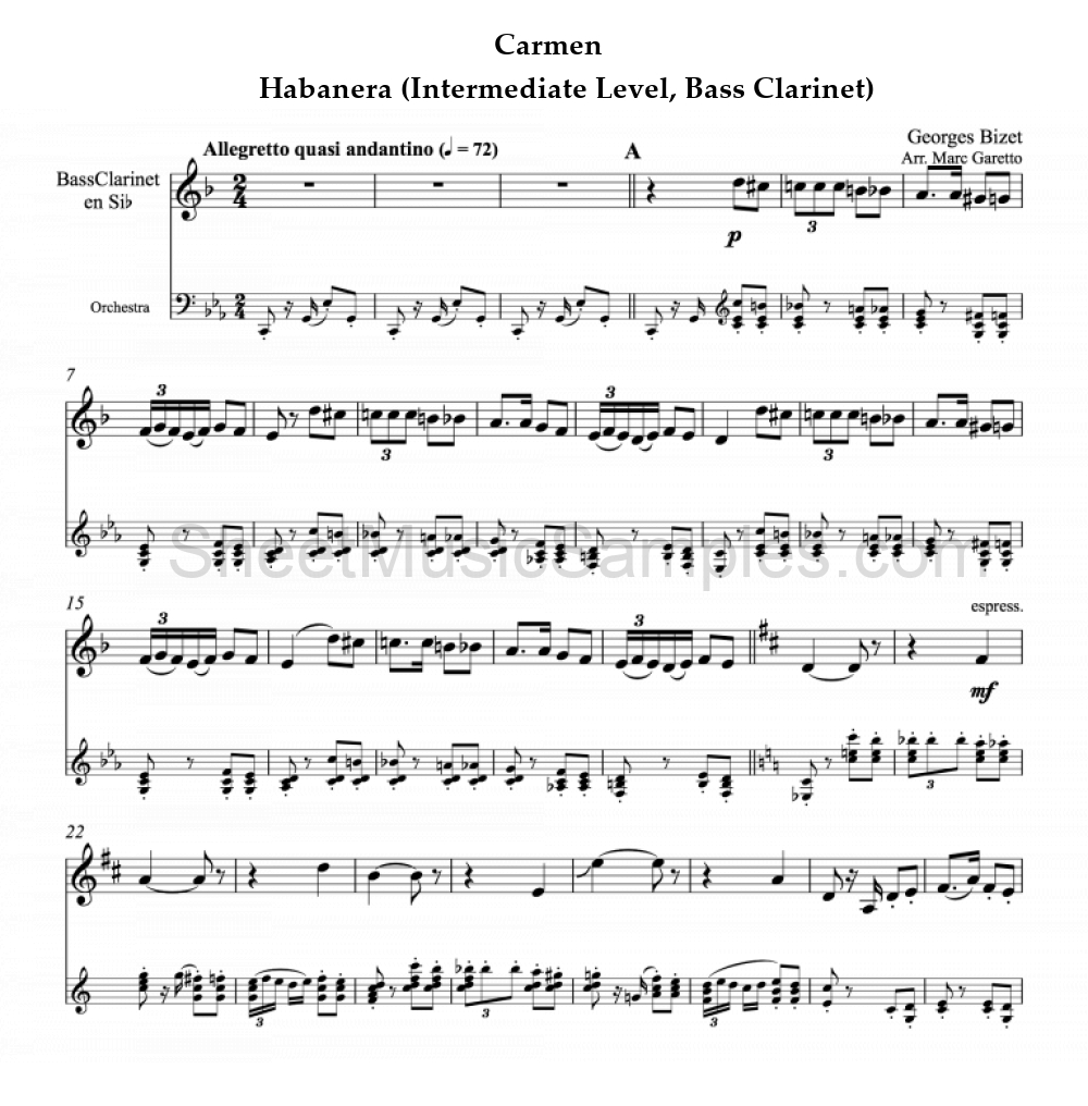 Carmen - Habanera (Intermediate Level, Bass Clarinet)