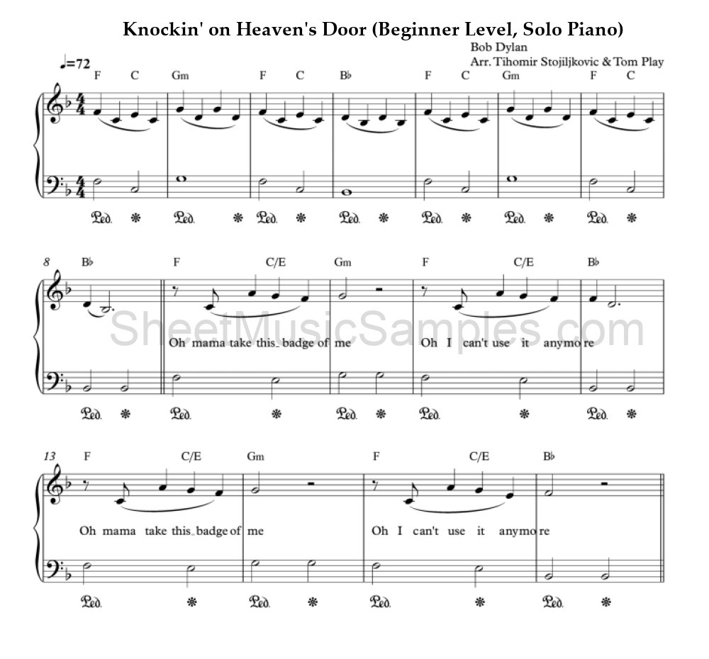 Knockin' on Heaven's Door (Beginner Level, Solo Piano)