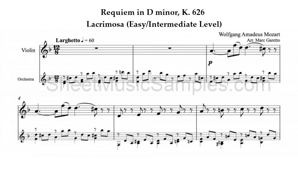 Requiem in D minor, K. 626 - Lacrimosa (Easy/Intermediate Level)